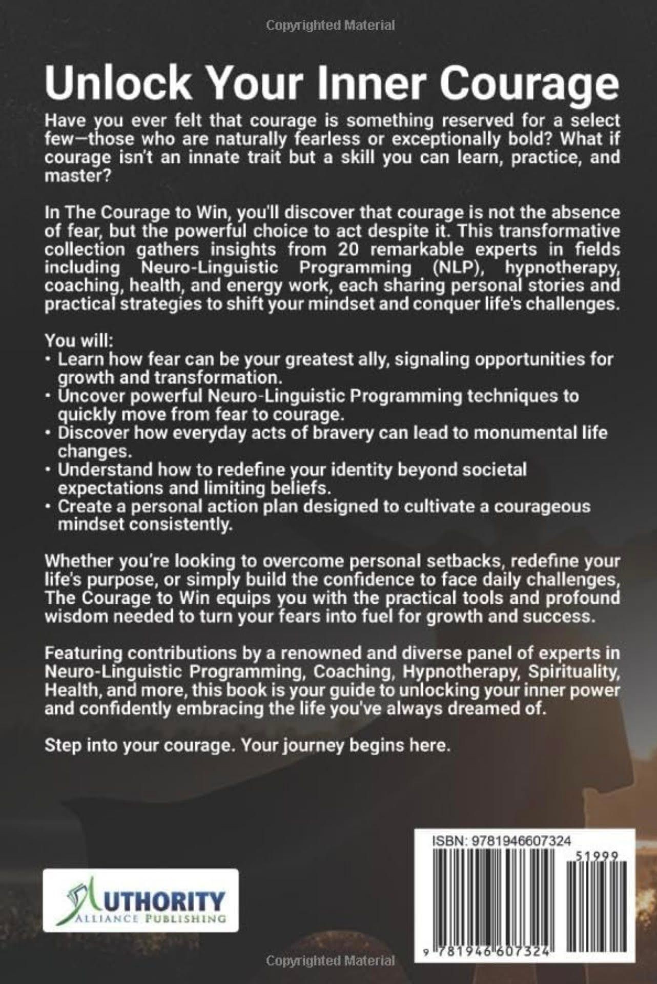 Back cover of 'Unlock Your Inner Courage' book with description and barcode at the bottom.