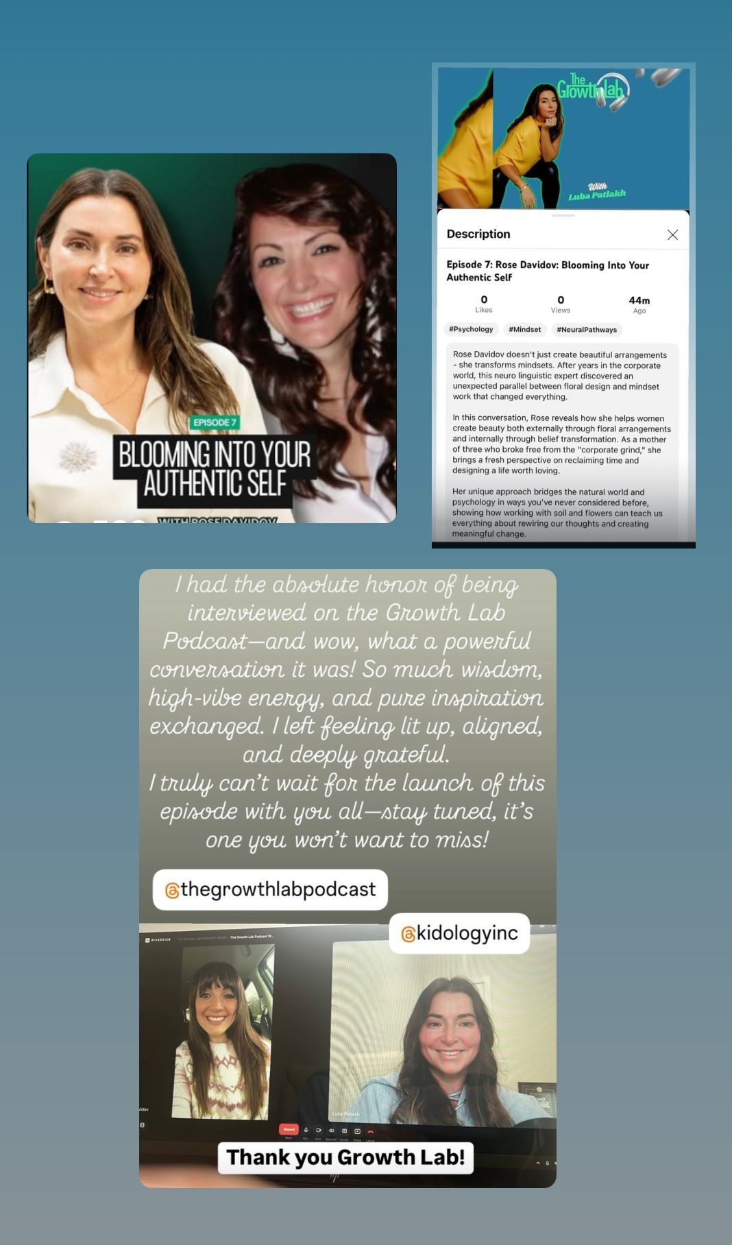 Collage of podcast episode announcement, text about an interview, and video call screenshot.