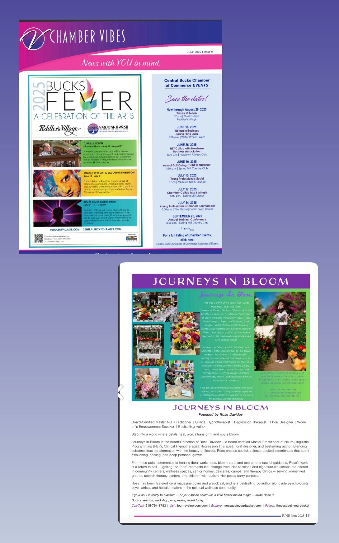 Newsletter pages featuring Chamber Vibes and Journeys in Bloom with event details and floral images.